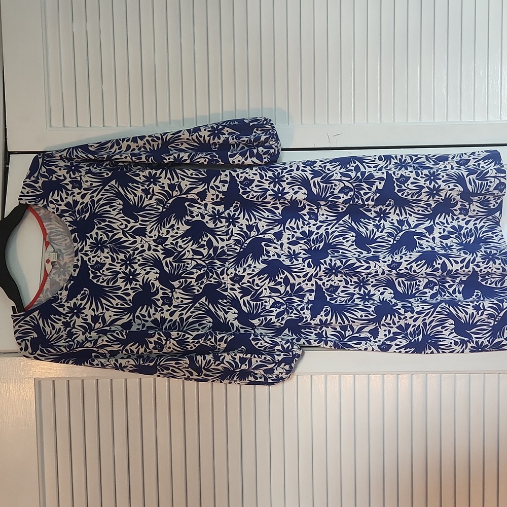 Boden Lucie Jersey Long Sleeve Tunic Dress Lapis White Bird Print Size 8L 8 Long